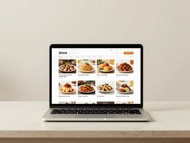 Laptop on a minimal desk showing a food brand e-commerce website — product grid layout, clean navigation, warm off-white background, even studio light, no people