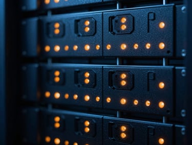Abstract macro shot of server hardware with cool blue and sharp orange indicator lights, structured geometric lines, low-key moody lighting
