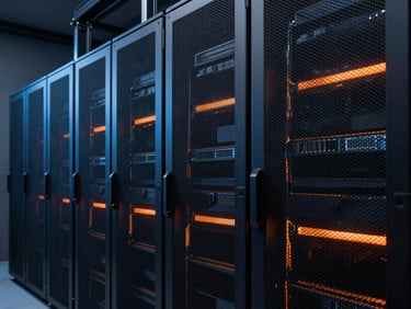 Geometric architectural lines of modern server racks, cool blue and sharp orange ambient lighting, moody editorial photography