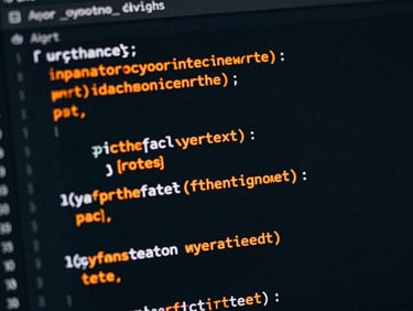 Close-up of clean code editor displaying Python and Django syntax on a dark screen, neon orange accents, high contrast, macro depth of field