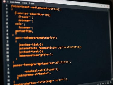 Moody close-up of a dark terminal screen displaying clean, structured code, sharp orange syntax highlighting, low-key studio lighting, 35mm lens