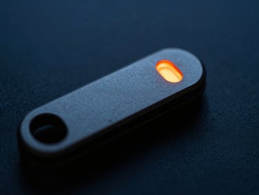 Abstract macro shot of a physical hardware security key glowing with a sharp orange indicator light, deep slate background