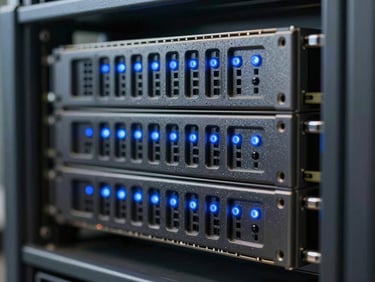 Macro shot of industrial server rack wiring, clean blue indicator lights, stark metallic textures, clinical atmosphere.