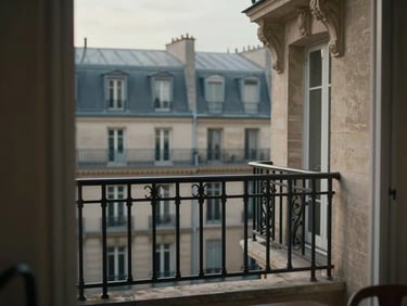 An empty Parisian balcony with wrought-iron railings overlooking historic stone facades, soft overcast morning light, quiet mood.