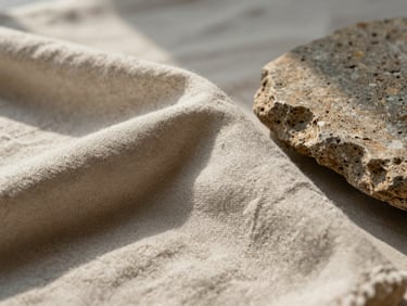 Extreme close-up of heavy linen fabric and textured stone under soft morning side light, emphasizing natural materials and high-end craft.