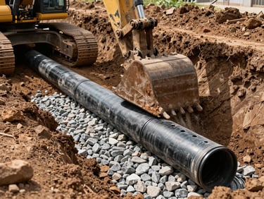 Heavy excavator digging a deep drainage trench in clay soil, installing thick perforated pipe and clean wash stone, high contrast daylight