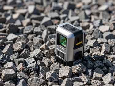 A close-up high-contrast shot of a laser level resting on a perfectly compacted gravel sub-base, sharp details of angular stones, hard daylight highlighting the texture.