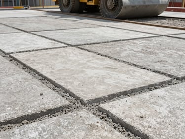 Low-angle wide shot of a massive concrete paver patio under construction, hand-swept polymeric sand joints, tight stone alignment