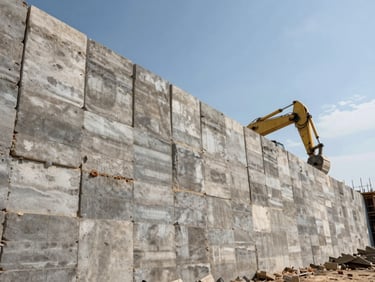 Low-angle wide shot of a massive structural block retaining wall under construction, heavy excavator visible in the background, sharp daylight.