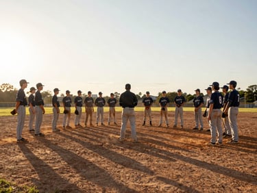 Wide shot, golden-hour light from low on the horizon, an entire youth baseball team gathered in the infield after a game, players standing loosely together looking toward the coach, jerseys dusty, gloves at their sides, long shadows across the dirt