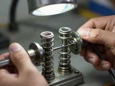 Macro close-up of heavy-gauge steel torsion springs and tension cables being calibrated by a technician's hands under sharp work-light, industrial workshop setting.