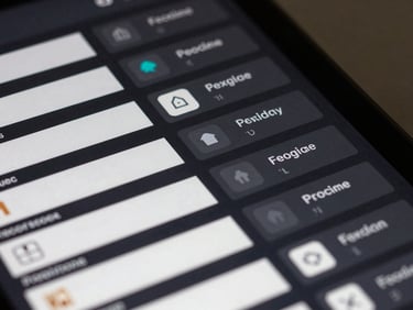 Close-up of a structured property listing detail view on a dark-themed application interface — address fields, status badges, and document attachment rows visible, sharp studio lighting, tight crop on the data layer, no human subjects
