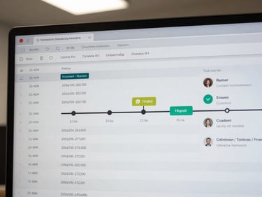 Close-up of a client interaction timeline UI panel — timestamped entries, approval status tags, and message threads visible in a clean monochrome interface, overhead bright office lighting, no faces visible