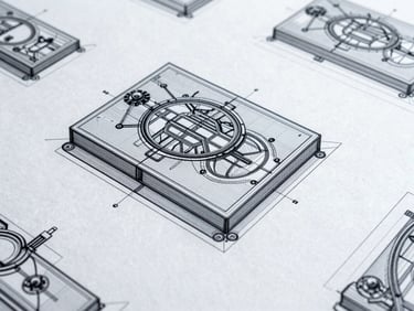 Detailed blueprint overlayed with flow diagrams, crisp studio lighting, technical composition.