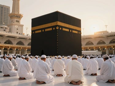 The majestic Kaaba in Makkah surrounded by pilgrims in white ihram in a state of quiet prayer, soft warm lighting, cinematic composition