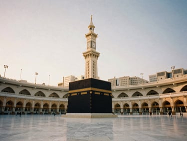 An elegant view of the Makkah clock tower over the serene white marble courtyard of Masjid al-Haram during golden hour, soft daylight, medium format film