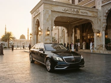 A luxurious passenger vehicle parked outside a grand, marble-clad hotel entrance in Madinah, soft golden hour sunlight reflecting off polished surfaces.
