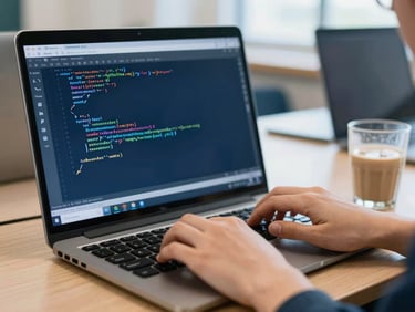 Hands typing python code on a mechanical keyboard, open terminal displaying system logs, warm daylight