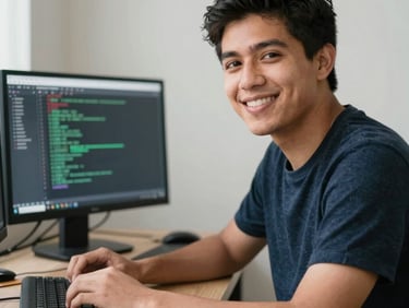A student analyzing code and security logs on a screen, reflection of data on their face, collaborative classroom environment