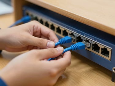 Hands of a student connecting a blue ethernet cable into a rack-mounted switch, warm natural lab lighting, close-up shot