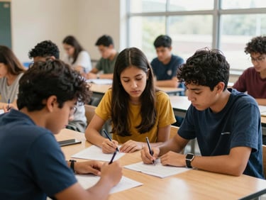 A collaborative workshop where a diverse group of Latin American students work together on a networking laboratory, natural window light, warm tones, 35mm