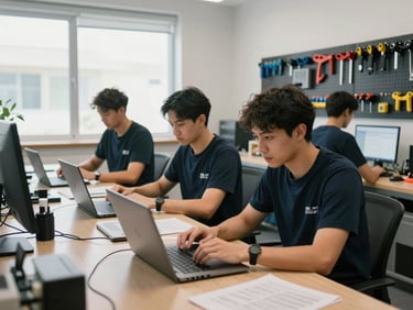 Wide shot of PCMaster workbench: three technicians in the background at organized stations with laptops open, tools mounted on pegboard wall, bright natural light from north-facing window, focused activity without posing