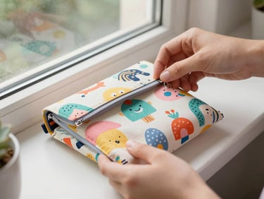 Manos artesanas cosiendo un bolso reversible con telas de patrones ilustrados coloridos bajo luz natural de ventana