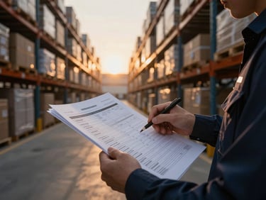 Close-up of a logistics coordinator reviewing physical shipping manifests, industrial warehouse lighting, deep navy and warm amber tones, wide-angle cinematic lens.