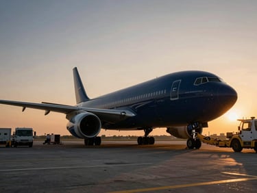 Cargo plane being loaded with automotive parts, wide environmental shot, crisp industrial lighting, deep navy and warm amber tones.