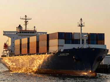 Container ship at golden hour, wide-angle cinematic lens, dramatic industrial photography, deep navy and warm amber tones.