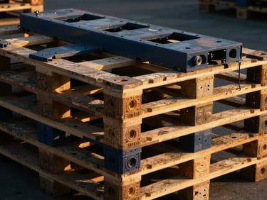 Close-up of a secured industrial pallet with manufacturing components, high-contrast natural sunlight, deep navy and warm amber tones.