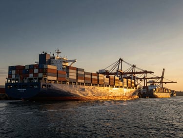 Panoramic view of container ships at golden hour approaching a busy port, high-contrast natural sunlight, deep navy and warm amber tones, wide-angle cinematic lens.