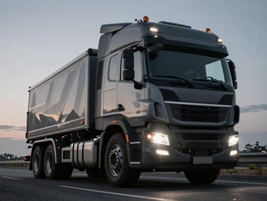 Low-angle powerful shot of a modern heavy-duty truck on a clean highway at twilight, sharp headlights cutting through, cool metallic tones, high-contrast black and gray, cinematic industrial photography.