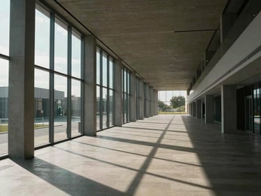 Wide architectural interior, a long corridor of a contemporary building, natural north-facing light entering from a row of high windows, geometric shadows on the floor, no people, symmetrical framing