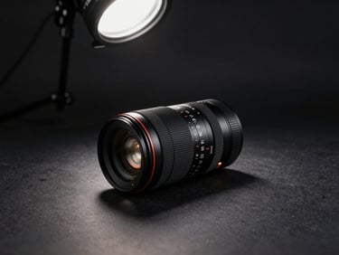 Wide cinematic frame of a product placed on a matte dark surface, a single controlled studio strobe from above casting a precise shadow, minimal background, editorial product photography