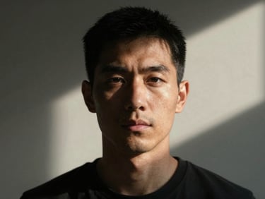 Tight editorial portrait, face half in shadow against a dark neutral background, a single beam of diffused north-facing light, severe and still, no warmth, grain texture