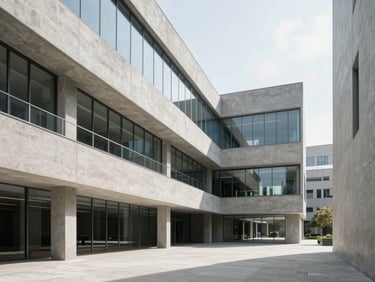 Minimalist architectural detail of a concrete and glass office lobby, clean lines, bright daylight, negative space.