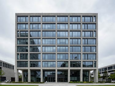 Straight-on architectural elevation of a modern concrete and glass corporate headquarters, bright overcast daylight, minimalist technical composition, generous negative space.