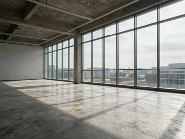 Empty, sunlit modern office interior, polished concrete floors, structural glass walls, natural overcast light showing scale.