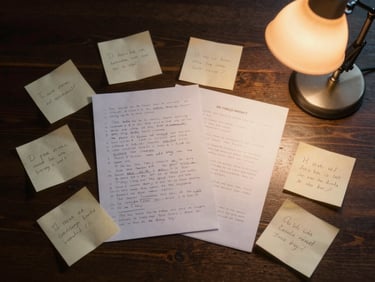 Overhead cinematic shot of a dark wooden desk, scattered handwritten notes, a glowing amber desk lamp illuminating the paper