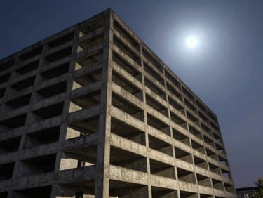 Cinematic wide shot of a brutalist concrete building towering under a cool moonlight sky, harsh artificial light casting long dramatic shadows