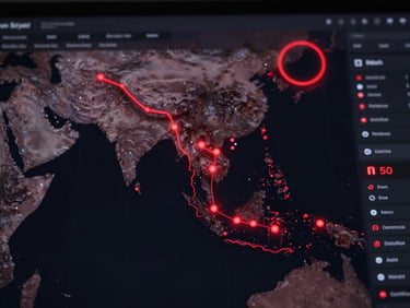 Sleek dark-mode UI mockup of a live ad campaign dashboard displaying an active campaign map of Southeast Asia and India, glowing red data nodes, sharp metrics, macro lens, 8k resolution