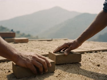 Close-up of hands laying local clay bricks for a reinforced roof, warm overcast mountain light, respectful documentary framing, 35mm film grain