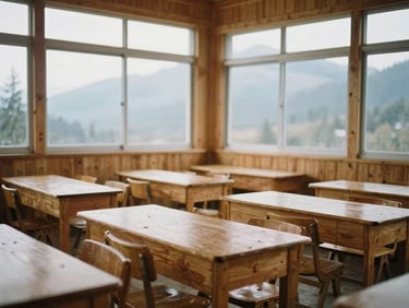 A newly built school classroom made of local timber, large windows letting in soft diffused mountain light, children's wooden desks inside