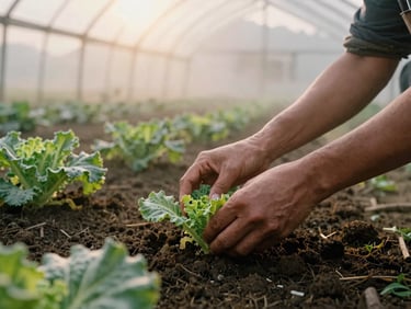 Hands tending to organic vegetable crops in a misty high-altitude greenhouse, soft warm golden hour light, focus on hands and rich dark soil