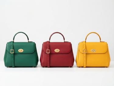 A high-key studio shot of a leather designer handbag shown in three distinct, perfectly calibrated colorways side-by-side: emerald green, crimson red, and saffron yellow. Neutral white background, razor-sharp edges.