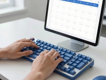 Close-up of professional hands typing on a sleek mechanical keyboard next to an active calendar screen, bright natural daylight, clean corporate blue accents, 35mm