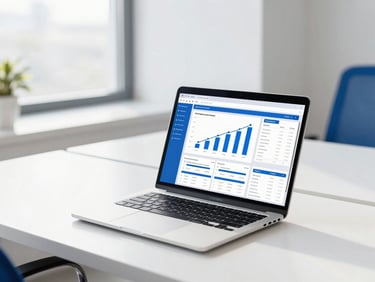 Bright modern workspace with natural daylight, a clean desk with an open laptop displaying analytics charts, royal blue accents, sharp focus, 35mm photography