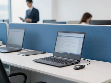 Bright modern office setting with communication devices and a blurred professional in the background, clean daylight, sharp focus, 35mm