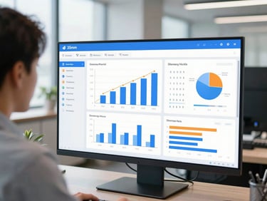 Over-the-shoulder shot of a modern digital analytics dashboard with blue and orange charts on a sleek screen, bright office lighting, sharp focus, 35mm
